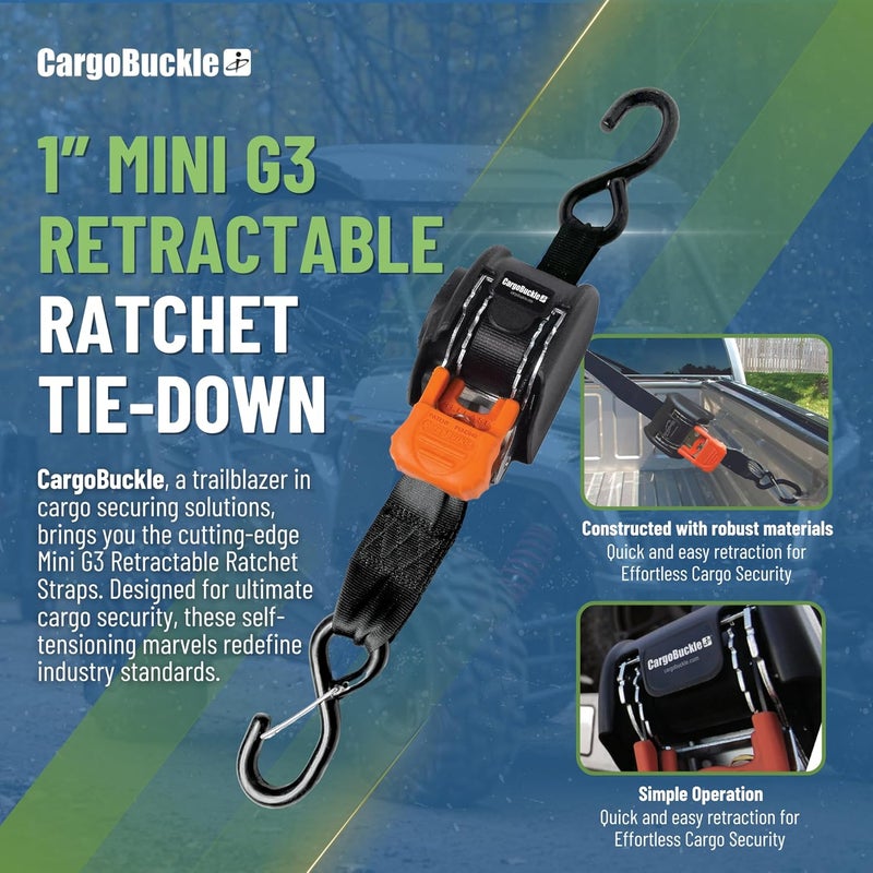 CargoBuckle Mini G3 Retractable Ratchet Straps with Dual S-Hooks, 1400 lbs Break Strength, 1-Inch Width X 6 ft Reach, Auto Ratchet Straps for Trailers, Toy Haulers, ATVs, and Motorcycles - 2 Pack - Image 2